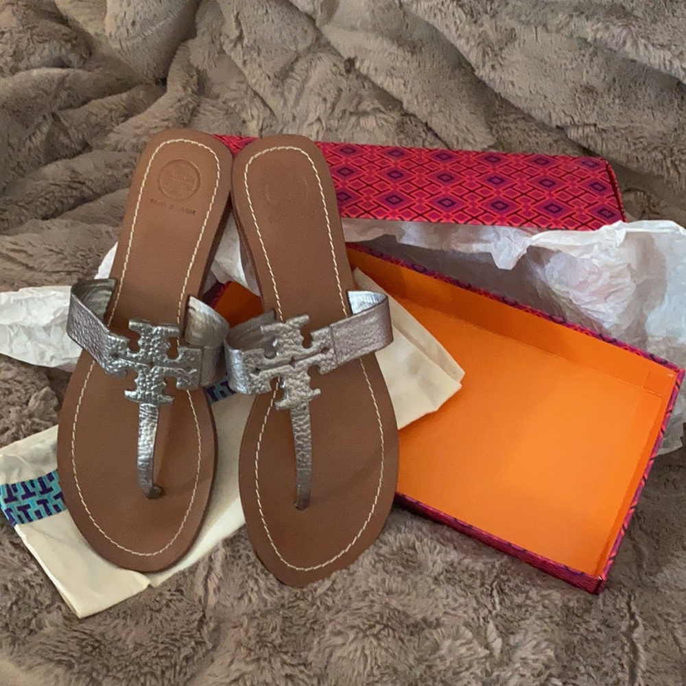 Tory Burch Silver Metallic Miller Thong Sandals
